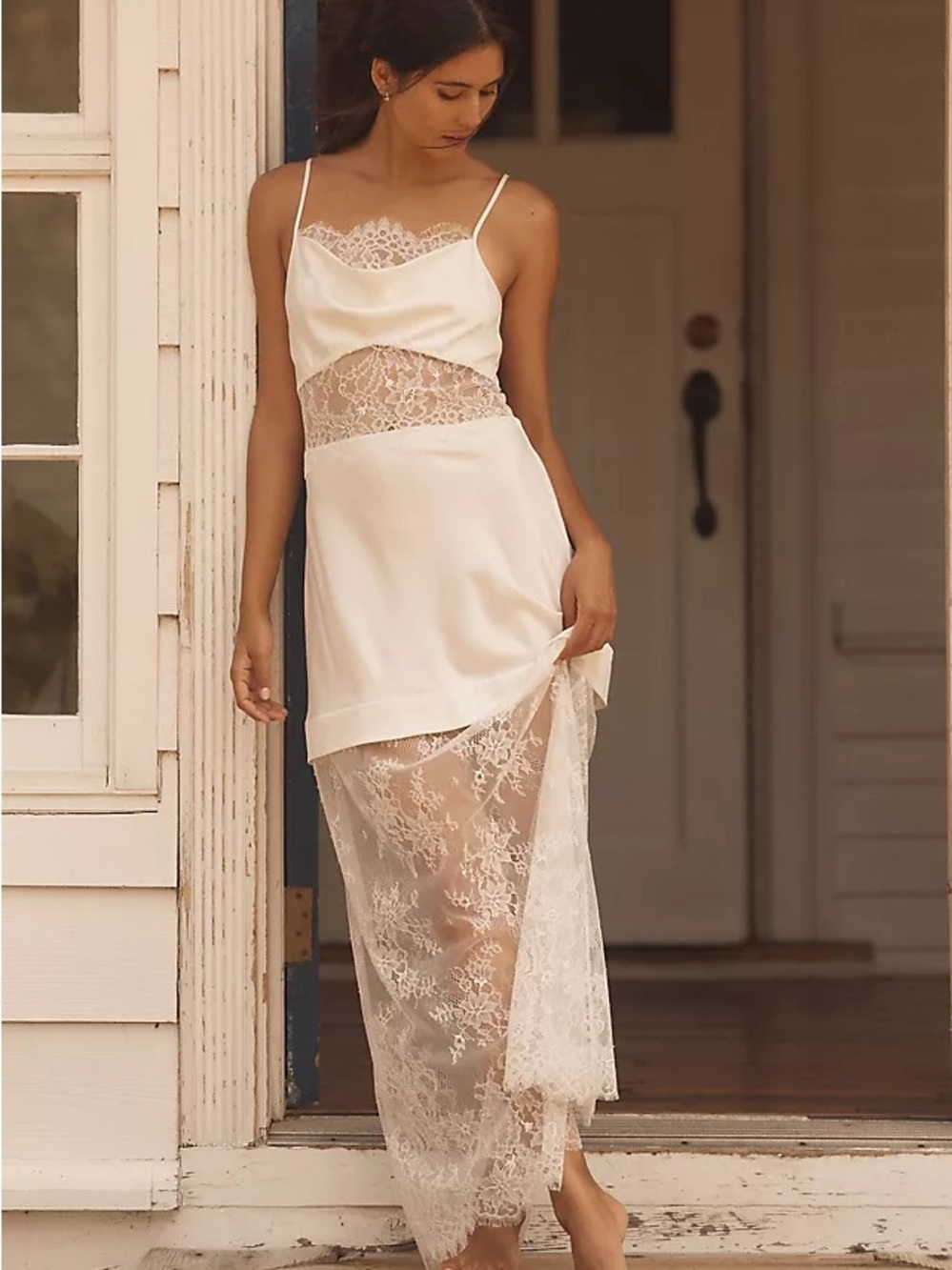 Sheer Lace Satin Slip Dress in Ivory